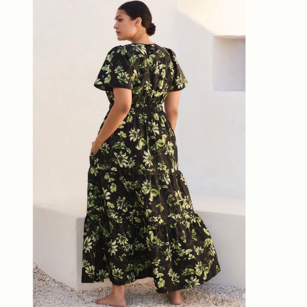 Anthropologie Black Floral Maxi Dress with Green and Cream Print - Picture 4 of 12
